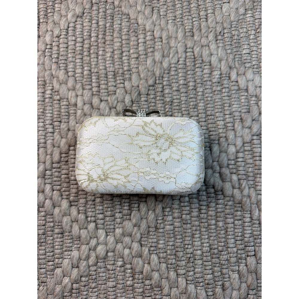 Unbranded Lace Clutch Women Small Ivory Gold Floral Bow Rhinestone Minaudiere